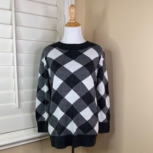 LOFT Black and Gray Argyle Crewneck Sweater